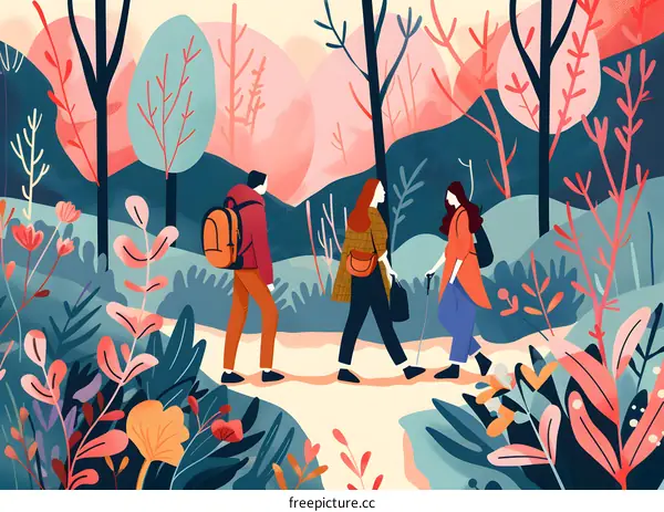 Three Friends Hiking in a Colorful Forest