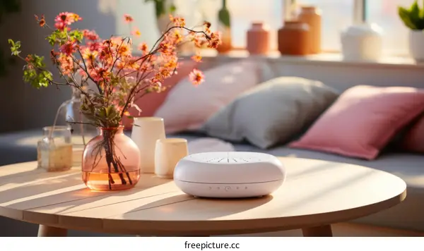 A white noise machine on a table in a living room