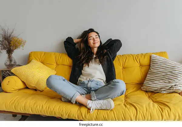 Relaxing Woman on a Sunny Yellow Sofa