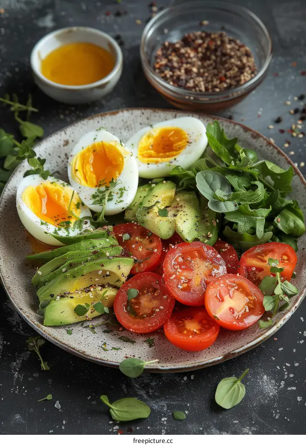 Healthy breakfast. Boiled eggs, avocado and tomatoes on a plate