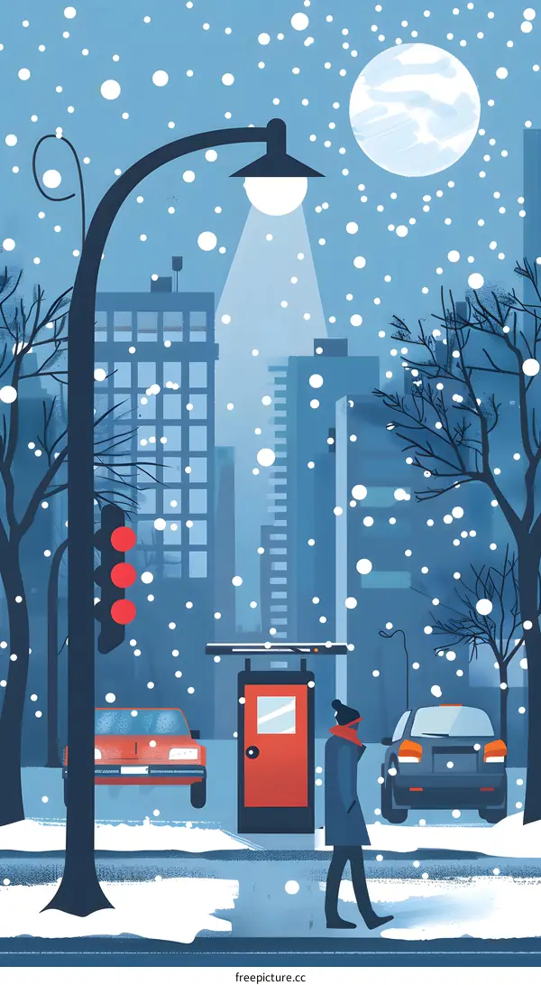 Winter Cityscape with a Man Walking in the Snow