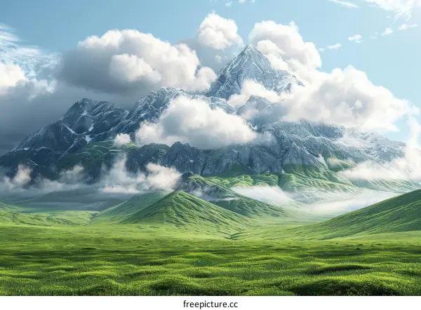 Majestic Mountain Range Covered in Clouds and Lush Green Valley