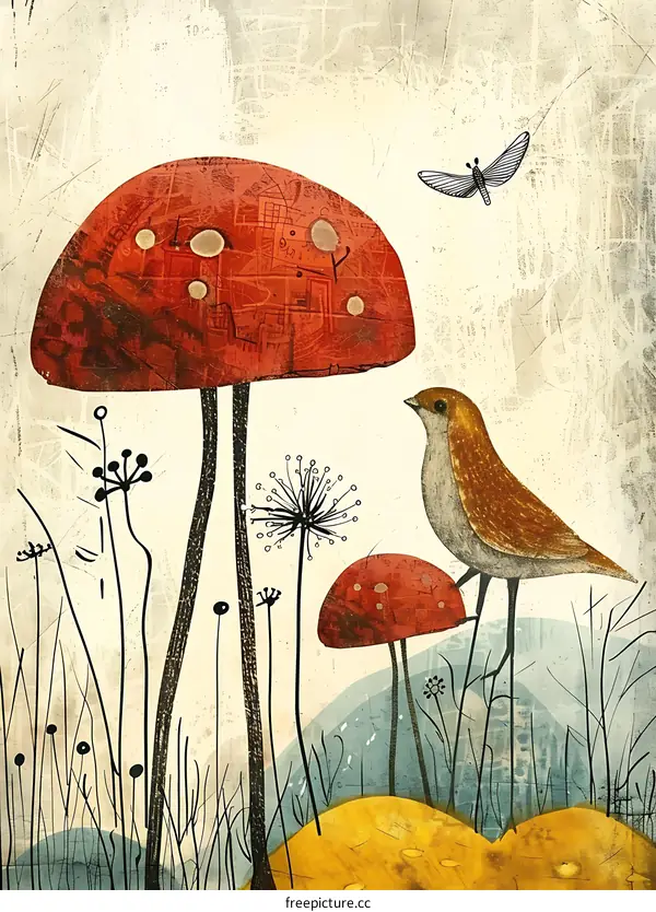 A Red Mushroom With A Bird And A Butterfly Illustration