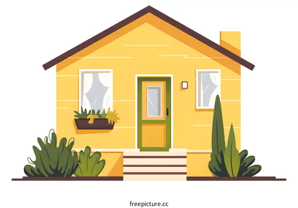 Yellow House with Green Door and Window