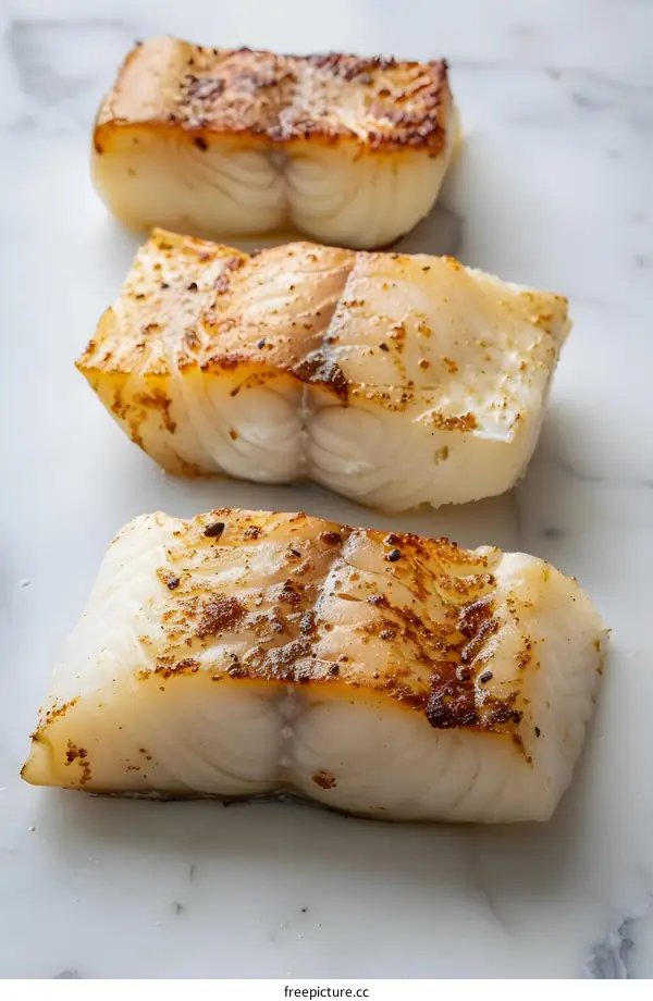 Three pieces of cooked white fish on a marble surface