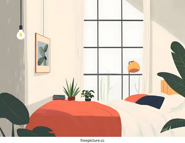 Minimalist Bedroom Illustration with a Large Window and Plants