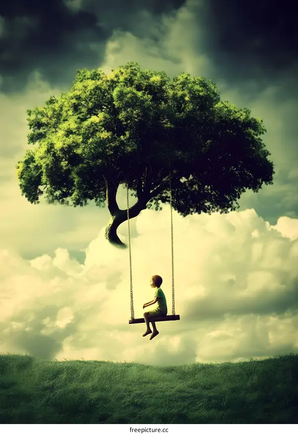 A Young Girl Sitting on a Swing Hanging From a Tree in the Clouds