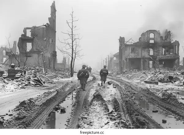 Two American Soldiers Walking Through a Destroyed City During World War II