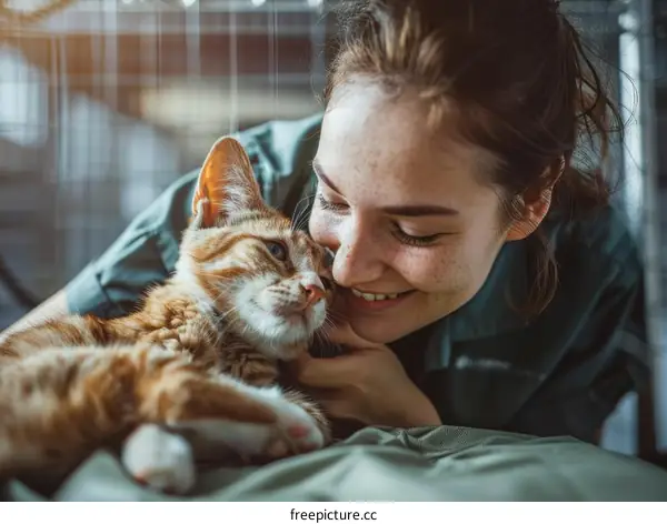 Young woman smiling and petting a ginger cat