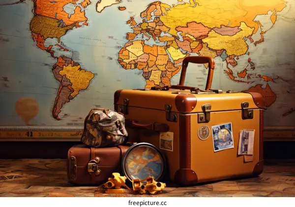 Vintage suitcases and travel accessories against the background of a world map
