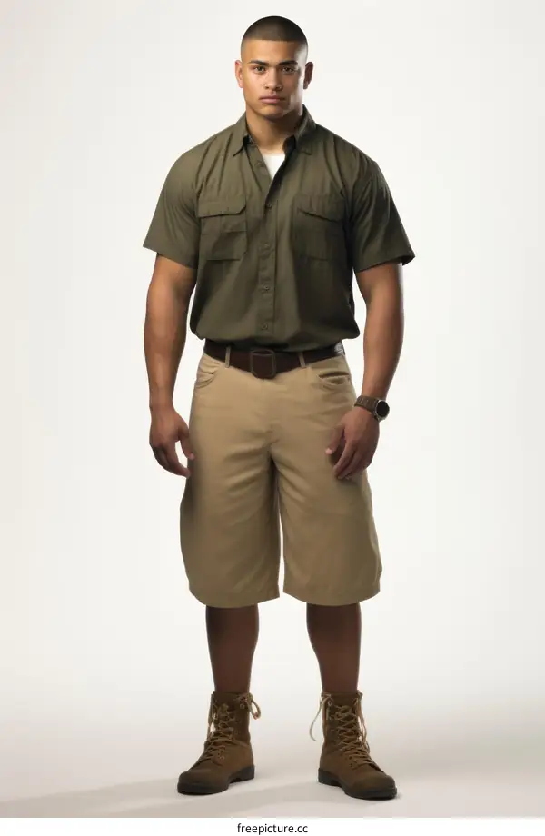 A muscular man in military outfit