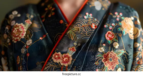 Close Up of Traditional Japanese Kimono Fabric with Floral Pattern