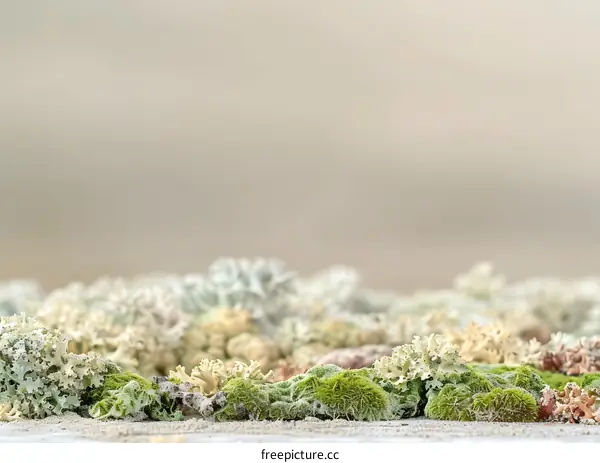 Green and White Lichen on a Light Brown Background