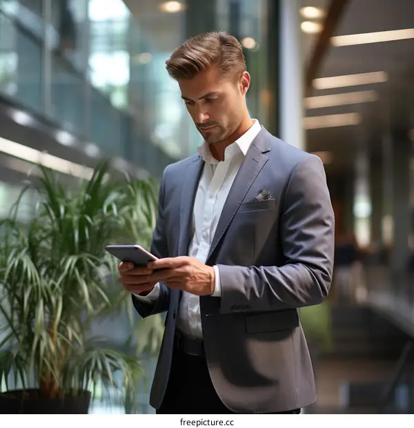 Businessman in suit using tablet in office