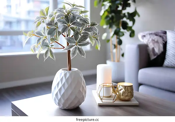 Modern Home Decor with Artificial Plant and Candles