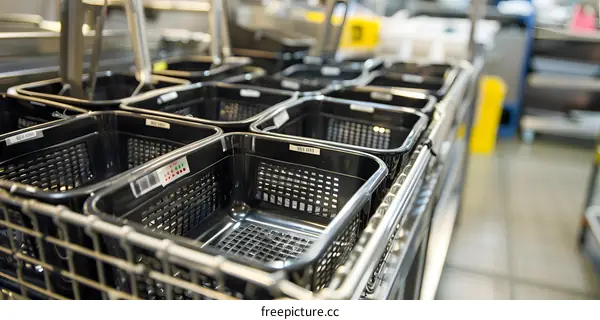 Black Plastic Baskets in a Row