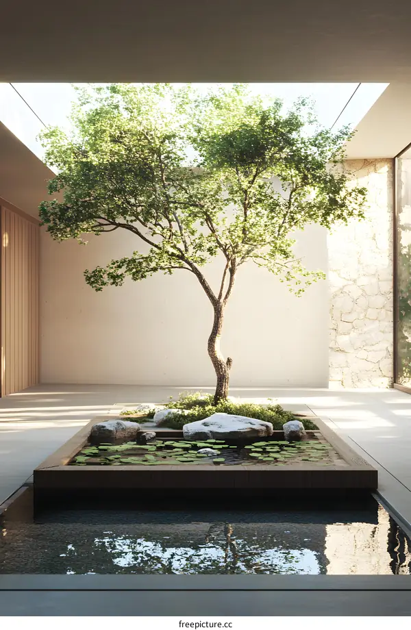 Modern Minimalist Interior Design with Tree and Water Feature