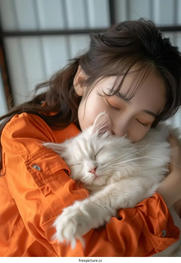 A young woman is hugging a white cat