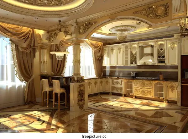 Luxury Kitchen Design with Golden Accents and Ornate Details