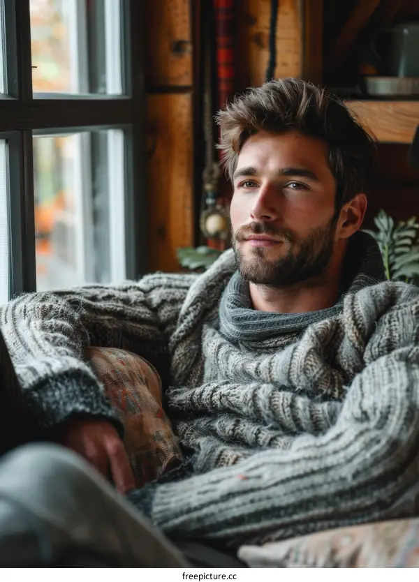 Man Sitting on Couch and Looking Out Window