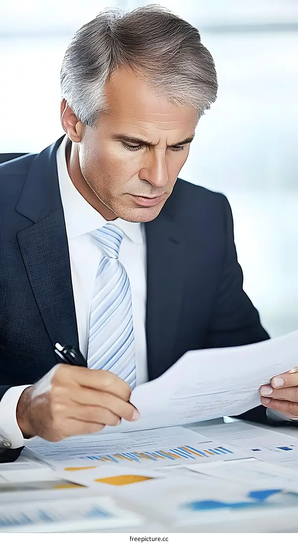 Businessman Reviewing Documents and Financial Data