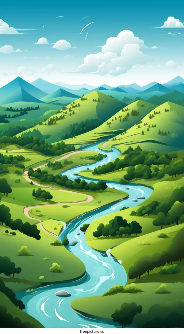Winding River Through Green Hills