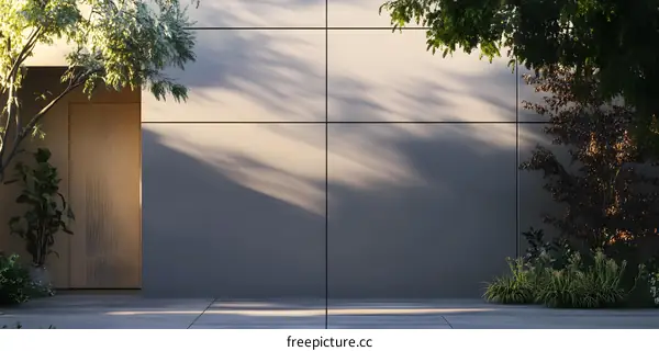 Modern Minimalist Concrete Building With Wooden Door And Green Plants