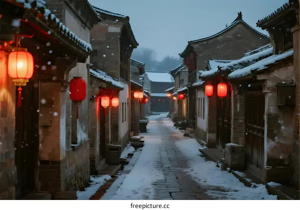 Ancient Chinese Alleyway Covered in Snow with Red Lanterns