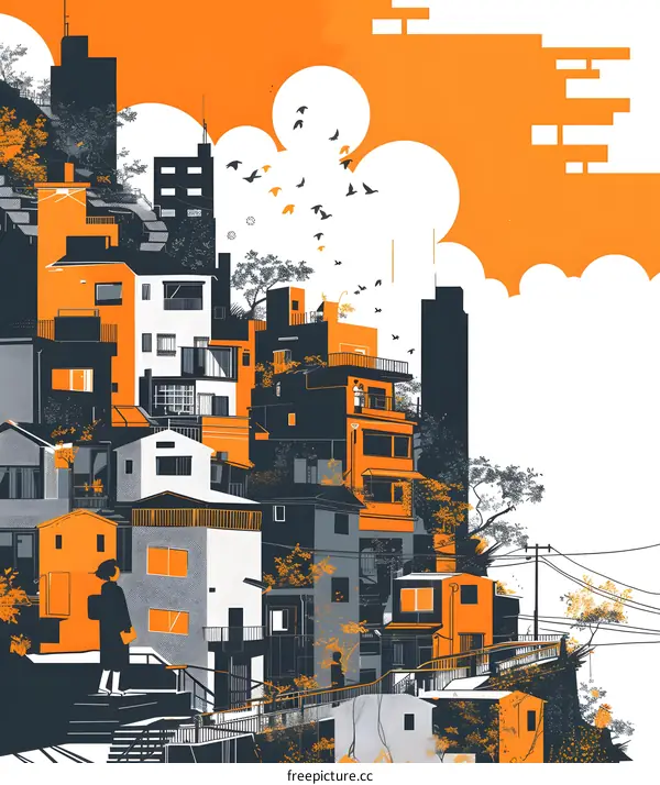 Cityscape Illustration with Birds and Orange Sky