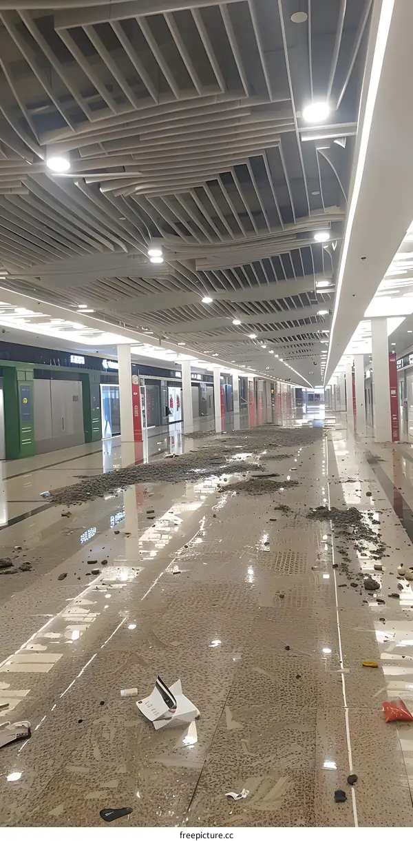 Flooded Shopping Mall Corridor With Debris