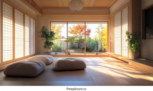 Japanese style room with autumn garden view illustration