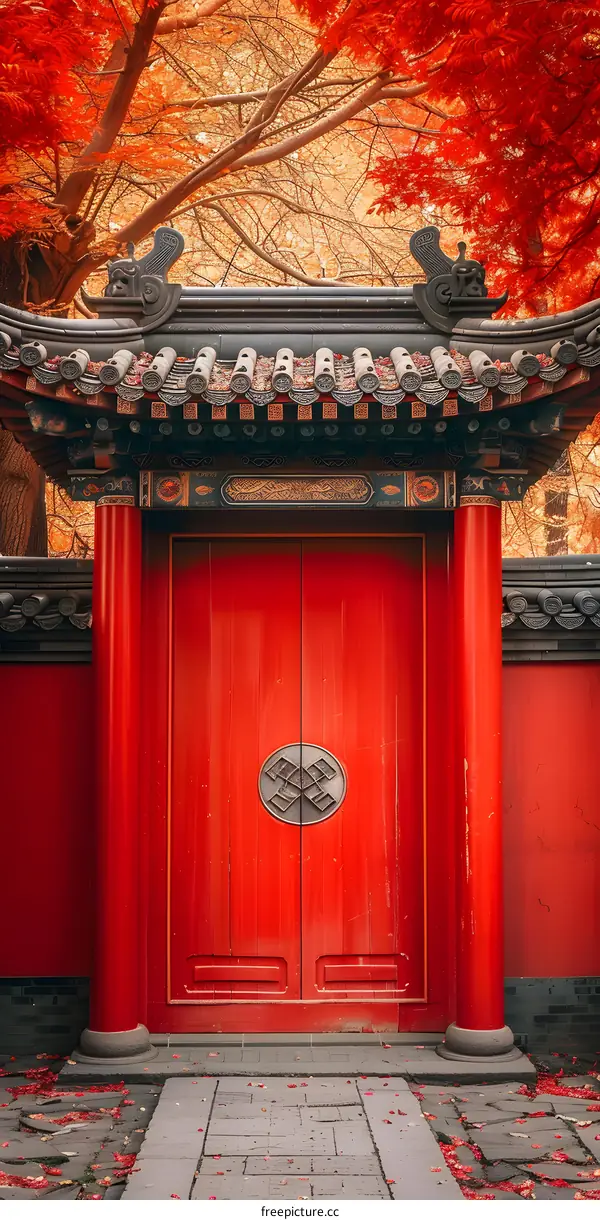 Red Chinese Temple Gate With Autumn Leaves