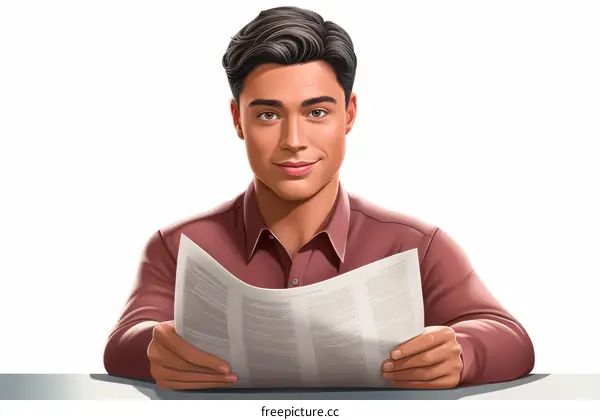 A young man is reading a newspaper