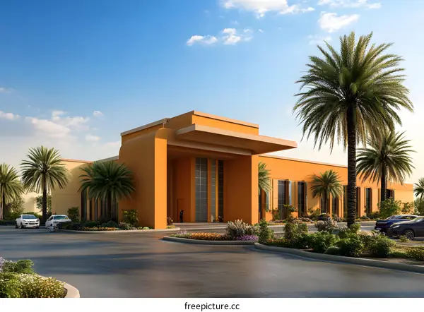 Modern Building with Palm Trees and Blue Sky