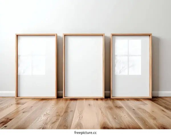Three Light Wooden Picture Frames Against a White Wall