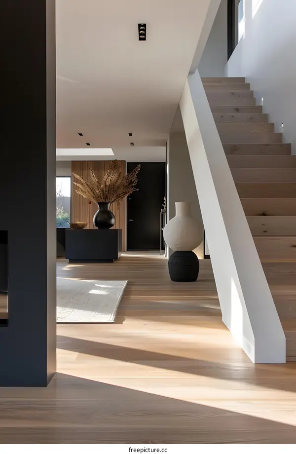 Modern Interior Design with Wooden Stairs and Minimalist Decor