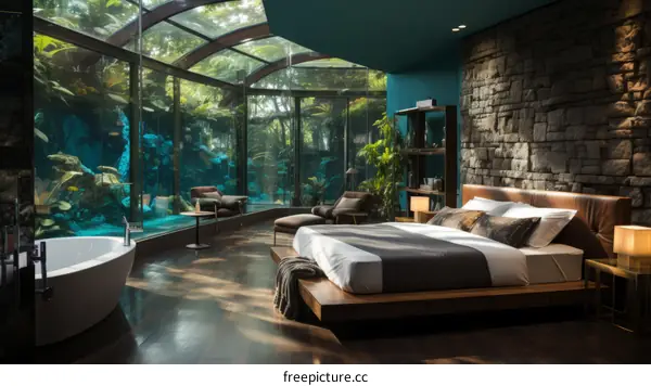 Amazing bedroom with huge aquarium