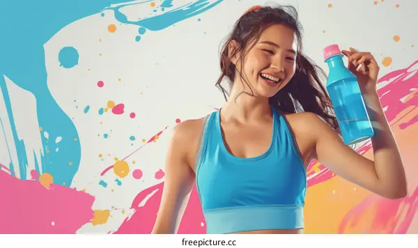 Asian woman in blue sports bra holding a water bottle and smiling