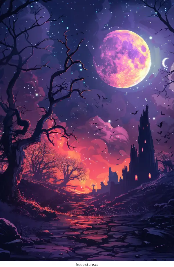 Mystical full moon night in the scary forest