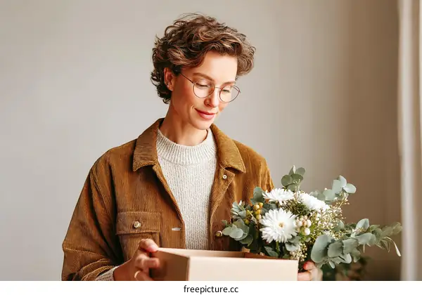 Woman opening a box with flowers