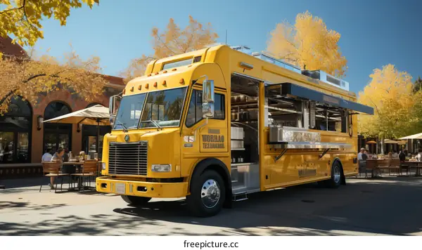Yellow food truck parked in a city square with people sitting at tables in the background