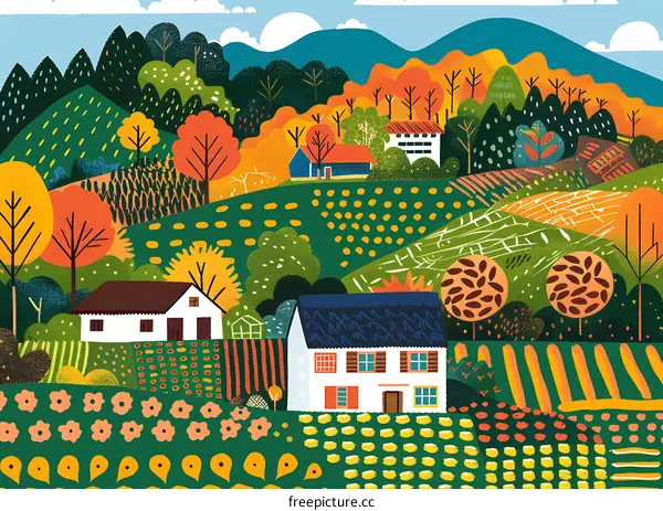 Colorful Illustration of a Rural Landscape with Houses and Fields