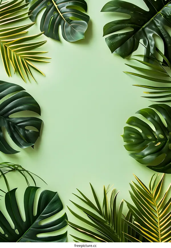 Green Tropical Leaves Frame on Green Background