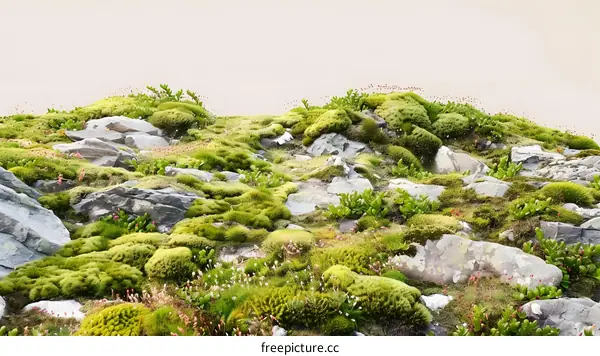 Green Mossy Rocks And Plants In The Forest
