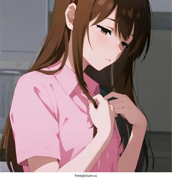 A Young Woman in Pink Shirt Adjusting Collar Indoors