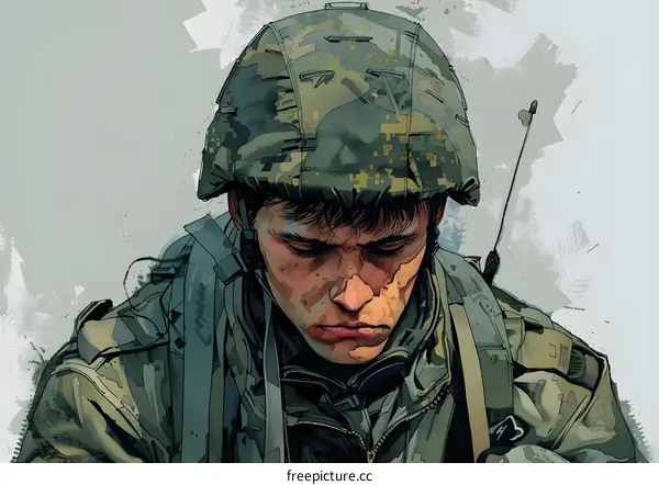 Portrait of a Soldier in Uniform with Helmet and Backpack