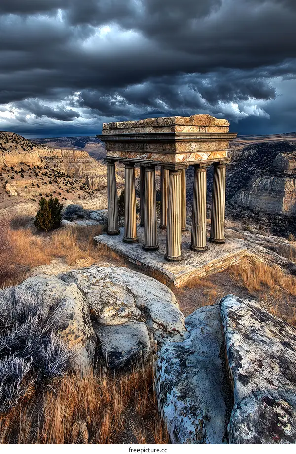 Ancient Roman Structure in a Scenic Landscape with Stormy Clouds