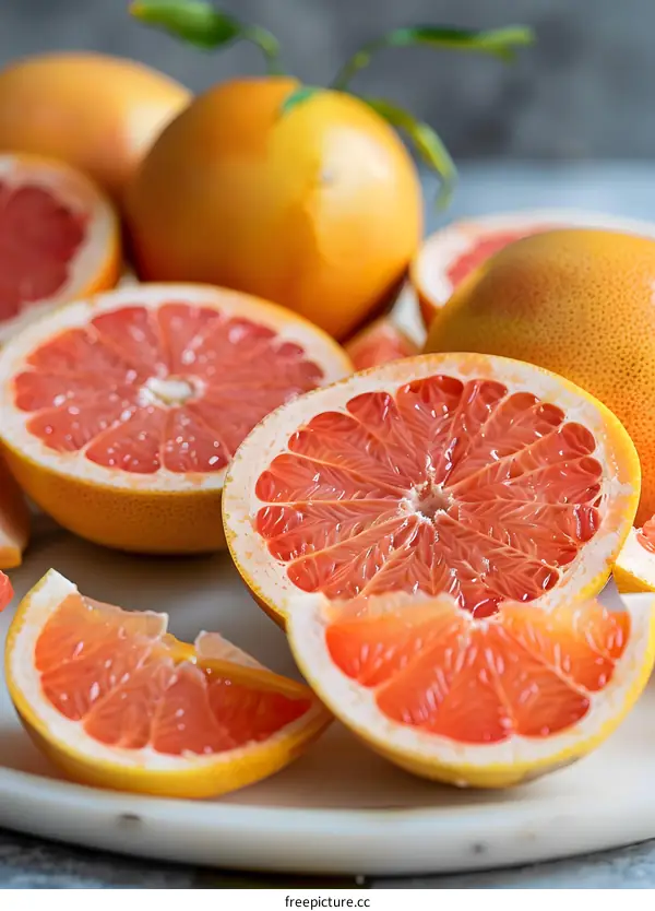 Freshly Cut Juicy Grapefruit Segments on a White Plate