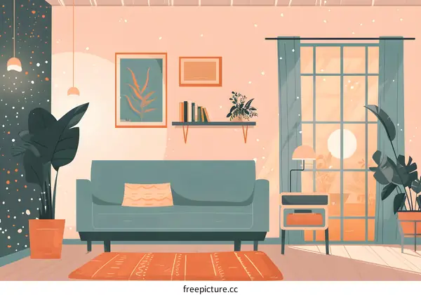 Cozy Living Room Illustration With A Couch And Plants