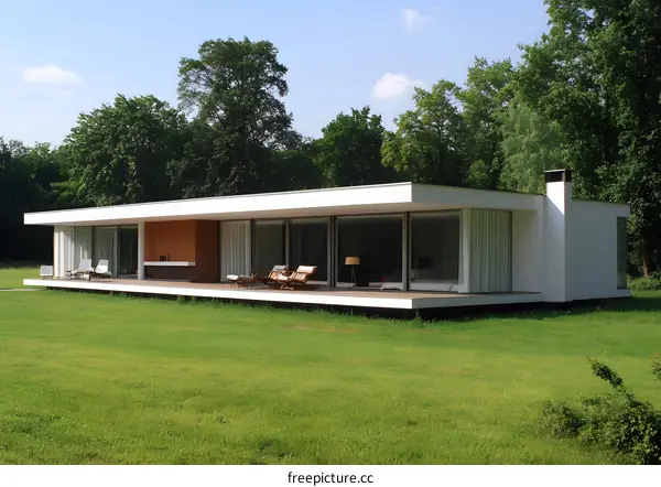 Modern House with Large Windows and a Patio in a Green Meadow